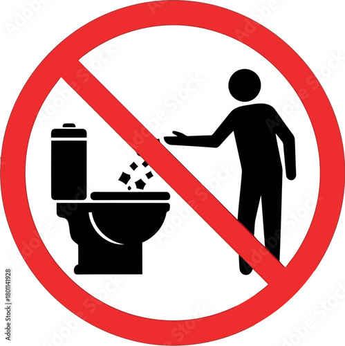 No littering in toilet sign with person and trash icon Keywords: no, littering, toilet, trash, garbage, waste, disposal, forbidden, prohibition, sign, symbol, icon, graphic, on transparent background