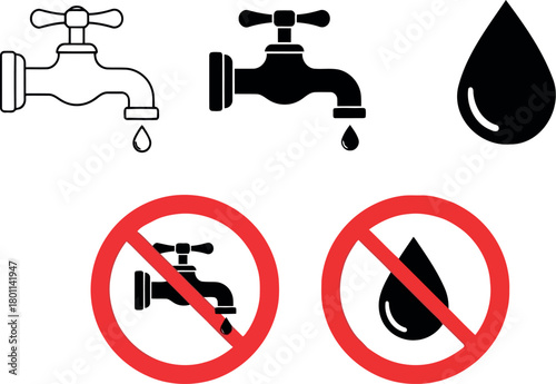 Icons of faucets, water drops and prohibition signs for water conservation liquid on transparent background