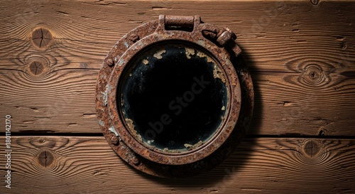 Rusty Porthole on Weathered Wood Background, Ship window, Round window, Rustic