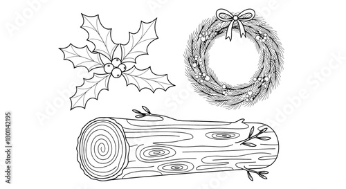 Festive hand-drawn winter holiday elements including holly, a decorated wreath, and a log