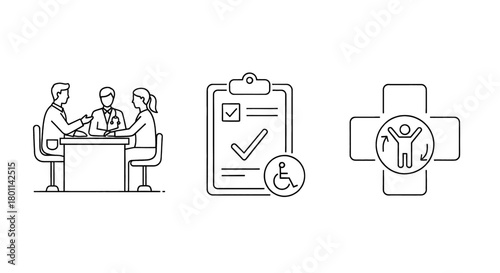 Medical professionals consult with patients, review health forms, and symbolize accessibility in healthcare.