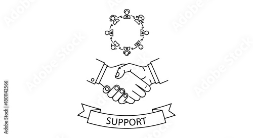 Symbolic illustration of handshake and connected people representing support and teamwork.
