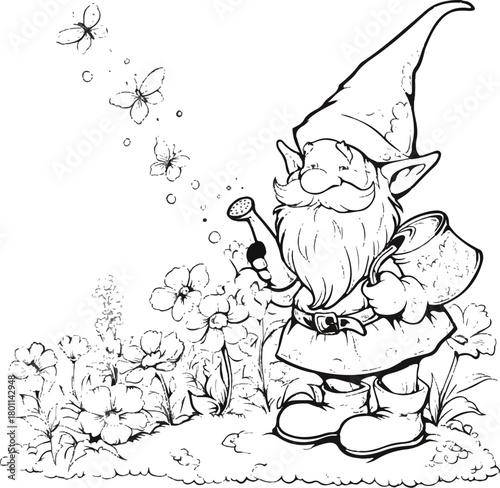 Garden Gnome Watering Flowers: A whimsical garden gnome, with its pointed hat and jovial demeanor, diligently waters vibrant flowers, with butterflies dancing nearby.