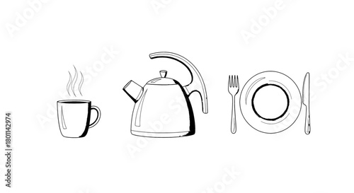 Simple line art illustration of a steaming mug, kettle, and place setting for a meal.