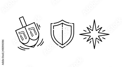 Symbols of Hanukkah: dreidel, shield, and star, representing tradition and celebration.