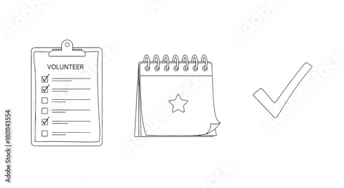 Checklist, calendar, and checkmark representing organized volunteer work and task completion