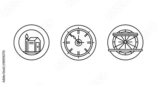 Set of three simple line art icons representing time, industry, and a building.