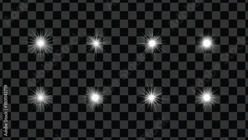 Shiny Sparkles. Star Burst Lights. Bright Glowing Flares. Vector Illustration on a Checkboard Background in Realistic style