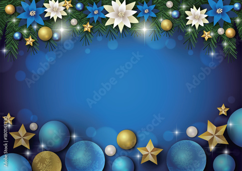 クリスマス背景、ボール、青、ポインセチア、モミの木、かわいい、イラスト、横