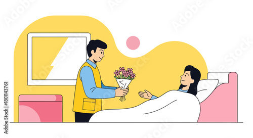 Caring Companion Offers Flowers to a Patient Lying in Bed with a Gentle Smile