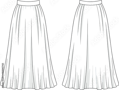 CAD drawing flat vector illustration of elegant long skirts, white pleated design, fashion apparel, garment sketch, textile art, sewing template