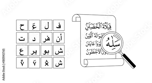 Magnifying glass reveals Arabic script and letters arranged in a grid, suggesting study or discovery.