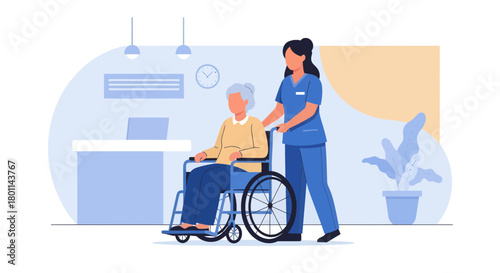 Caring Nurse Assists Elderly Woman in Wheelchair with Compassionate and Supportive Care