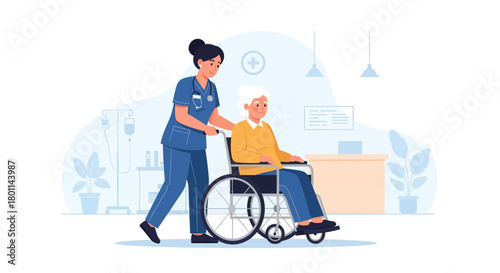 Compassionate Nurse Assists Patient in Wheelchair in a Modern Medical Setting