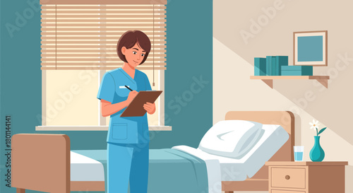 Dedicated Nurse Taking Notes In Hospital Room, Providing Healthcare Services and Assistance