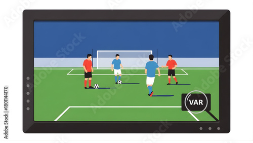 Digital display showcasing a virtual soccer match with a video assistant referee (VAR) system, emphasizing fair play and advanced technology in sports analysis for accurate decisions