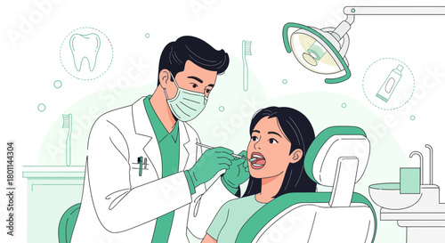 Dentist Examining Patient Dental Hygiene Checkup, Oral Healthcare and Wellness Illustration