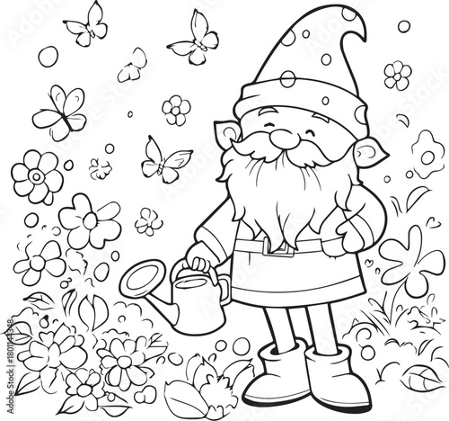 Garden Gnome Watering Flowers: A whimsical garden gnome, adorned with a pointed hat and a flowing beard, lovingly tends to a vibrant array of flowers, butterflies flutter around.  