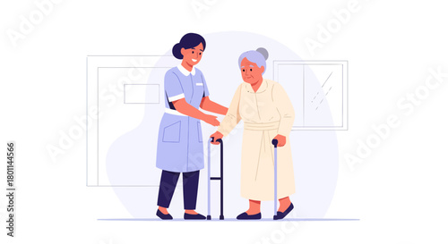 Elderly Caregiver Assisting An Older Woman With Mobility Issues And Support