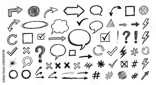 Collection of hand drawn doodle icons and symbols including arrows speech bubbles question marks and checkmarks