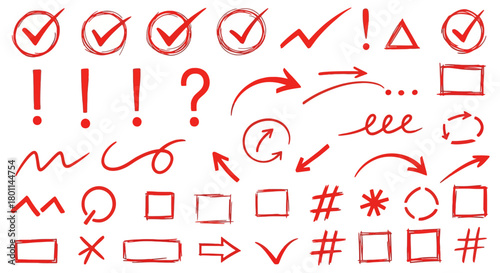 Collection of red hand drawn checkmarks question marks exclamation marks arrows and boxes on white background