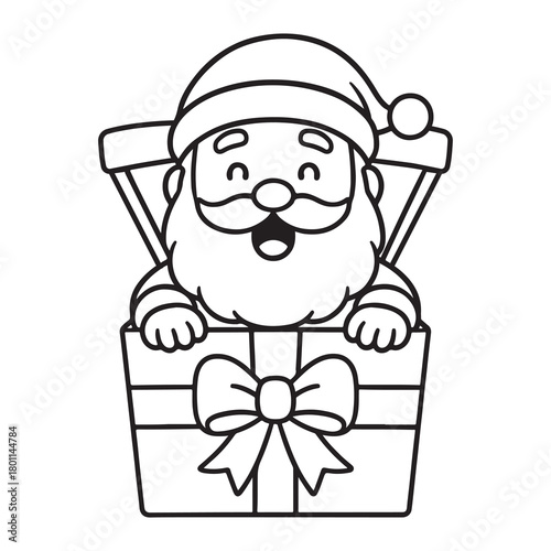 Cute Santa Claus popping out of a gift box. Black and white vector illustration in cartoon style