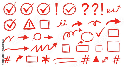 Collection of hand drawn red checkmarks exclamation marks question marks arrows and geometric shapes on white background
