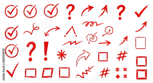 Collection of hand drawn red checkmarks question marks arrows symbols and boxes on white background