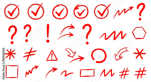 Collection of hand drawn red marks and symbols including checkmarks question marks arrows and exclamation points