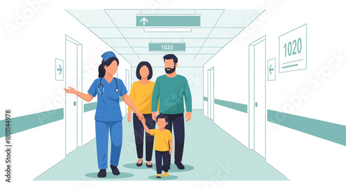 Hospital Corridor Illustration Depicting Medical Professional Guiding Family Towards Patient Room