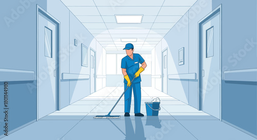 Hospital Corridor: A Professional Cleaner Mops The Floor During Sanitation With Clean Results