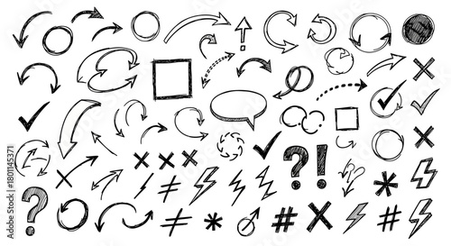 Collection of hand drawn arrows and symbols in sketchy doodle style on white background