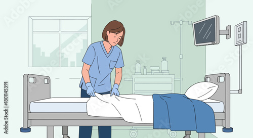 Hospital Room Scene Depicting Nurse and Patient's Bed Preparation or Maintenance
