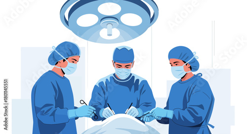 Hospital Surgical Team At Work Under Surgical Lamp, Illustrative Medical Illustration
