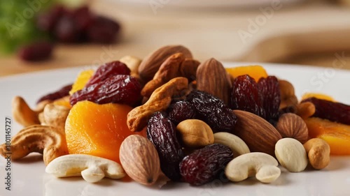 A delicious and nutritious mix of nuts and dried fruits served on a plate. The mix includes almonds, cashews, raisins, and apricots, providing a healthy snack option Stock Video