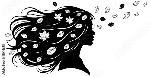 Nature and human silhouette illustration in black and white line art showing profile with flowing hair and leaf elements