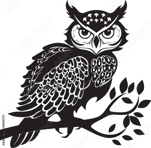 Owl Silhouette: A stark black and white depiction of a wise owl perched gracefully on a tree branch, embodying wisdom and tranquility.