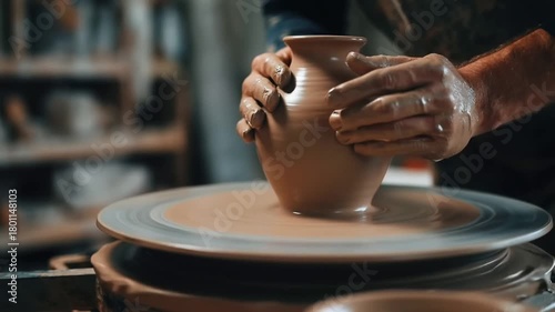 A potter expertly crafting a clay vase on a spinning wheel in their workshop Stock Video