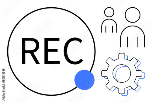 Circular recording button labeled REC with blue dot, gear, and abstract user outlines. Ideal for video creation, teamwork, settings, technology, streaming, communication simple flat metaphor