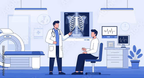 Medical Consultation Demonstrating Analysis Of X-Ray And Heart Activity in Hospital