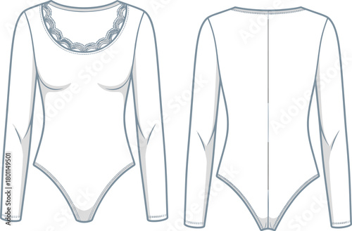 Cad drawing flat vector illustration of lace detail bodysuit front and back view, fashion sketch for apparel design template