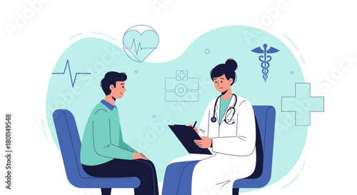 Medical Consultation Illustration: Doctor Explaining the Diagnosis to the Patient and Taking Notes