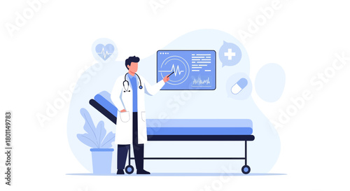 Medical Illustration Featuring Doctor Explaining Heart Rate on a Screen Presentation Illustrative