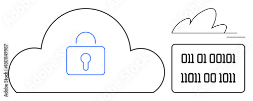 Cloud outline with a padlock symbolizing security, binary code nearby. Ideal for data protection, encryption, cybersecurity, cloud computing, privacy, digital safety secure storage. Simple flat