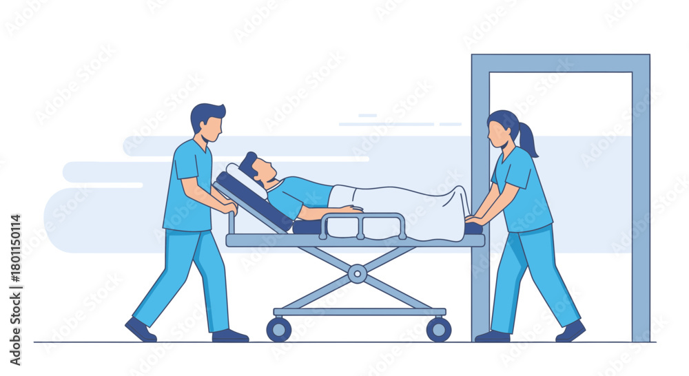 Obraz premium Medical Personnel Transporting Patient on Stretcher Through Open Doorway in Hospital