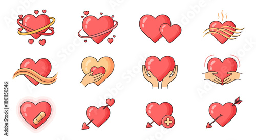 Collection of various cartoon heart illustrations, showcasing different styles and designs for love and affection.