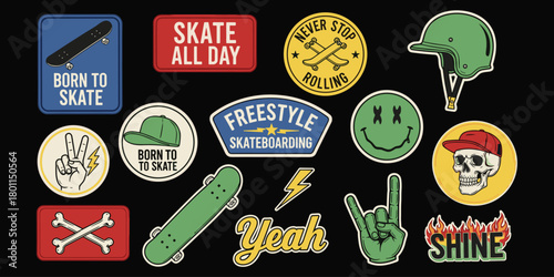 Skateboarding stickers, bold graphics, rebellious style, freestyle culture, colorful icons, youth energy, flat vector illustration, black background design