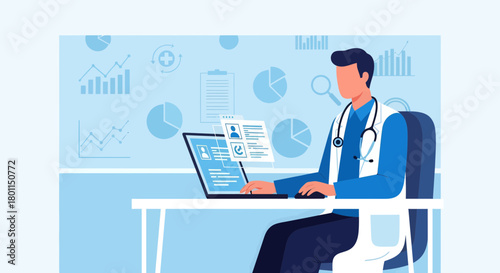 Medical Professional Analyzing Data on Laptop with Digital Charts and Patient Information