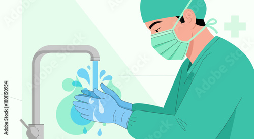 Medical Professional Washing Hands in Surgical Attire for Health and Sanitation Purposes