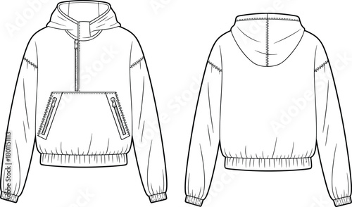Cad drawing flat vector illustration of long sleeve utility hoodie template with half-zip front, kangaroo pocket, front back view